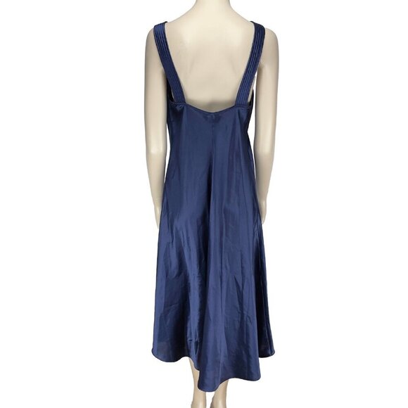VINTAGE Satin Open Back Long Maxi Slip Dress Midnight Blue V-neck sz M - Picture 2 of 6